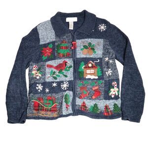 Heirloom Collectibles Christmas Cardigan Sweater Women Large Stocking Zipper